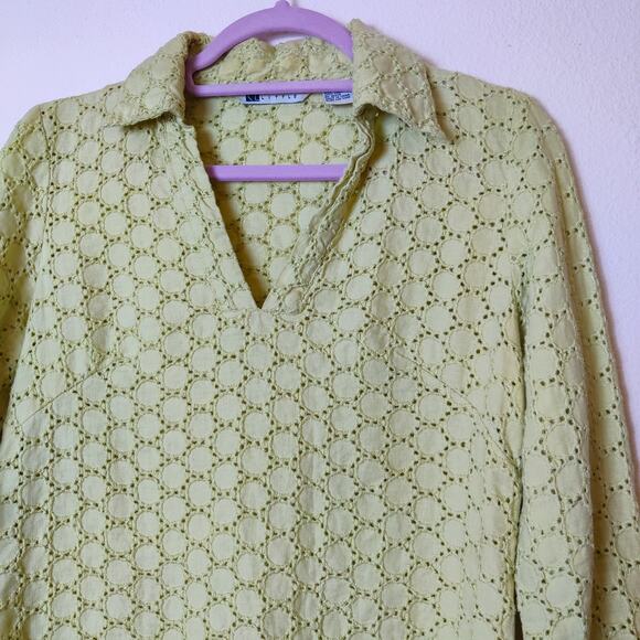 Vintage Carole Little Linen Eyelet Pistachio Green Long Sleeve Blouse Medium 90s - Picture 3 of 10